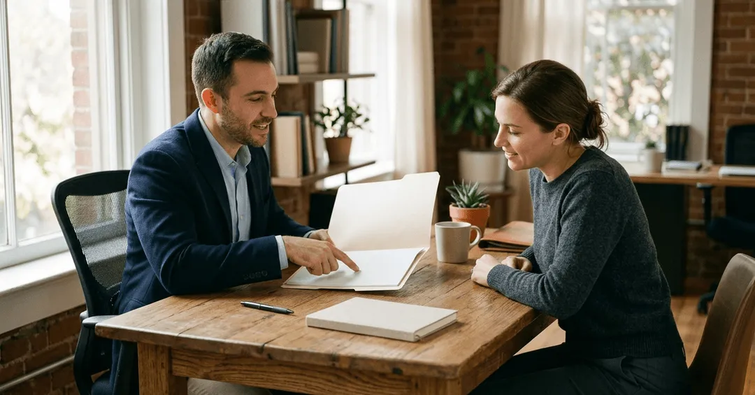 An advisor and a client reviewing a document across a table in a bright office