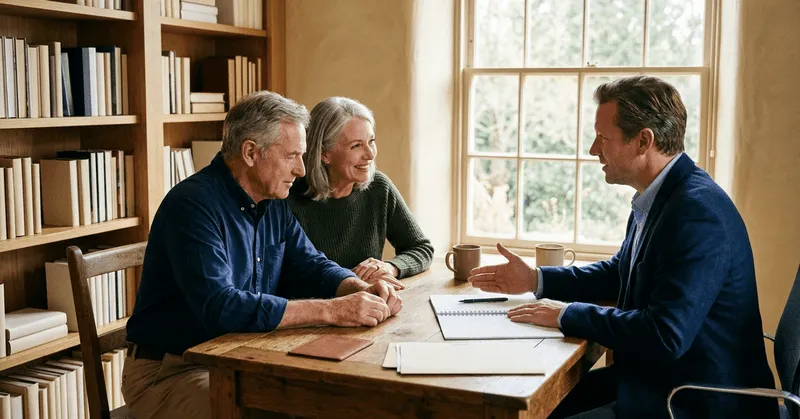 An advisor in conversation with an older couple at a table by a window