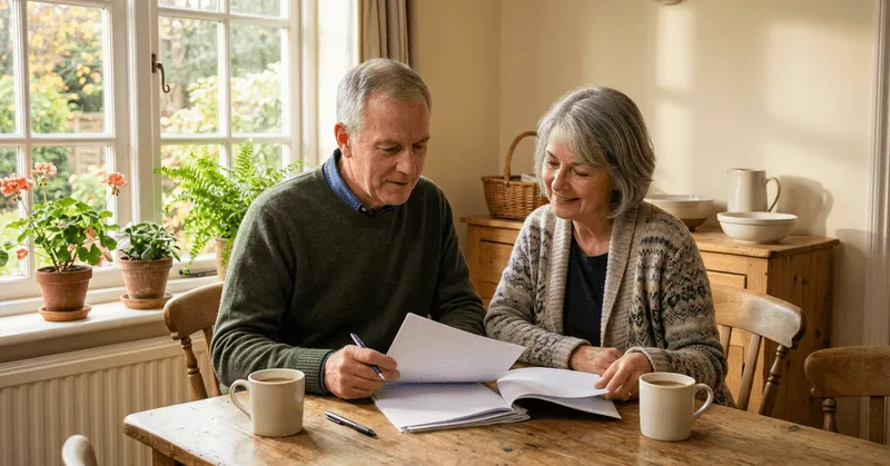 A retired couple going through paperwork together at their kitchen table