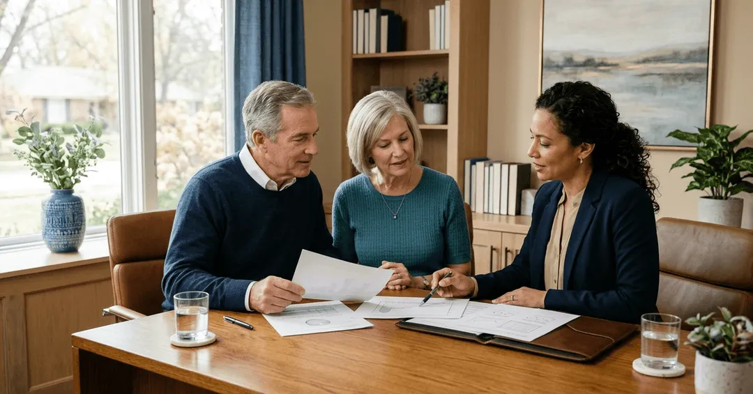 An advisor reviews retirement paperwork with an older couple at a desk