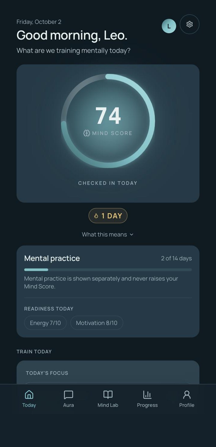 The Deep Lane app: Today screen showing a Mind Score of 74