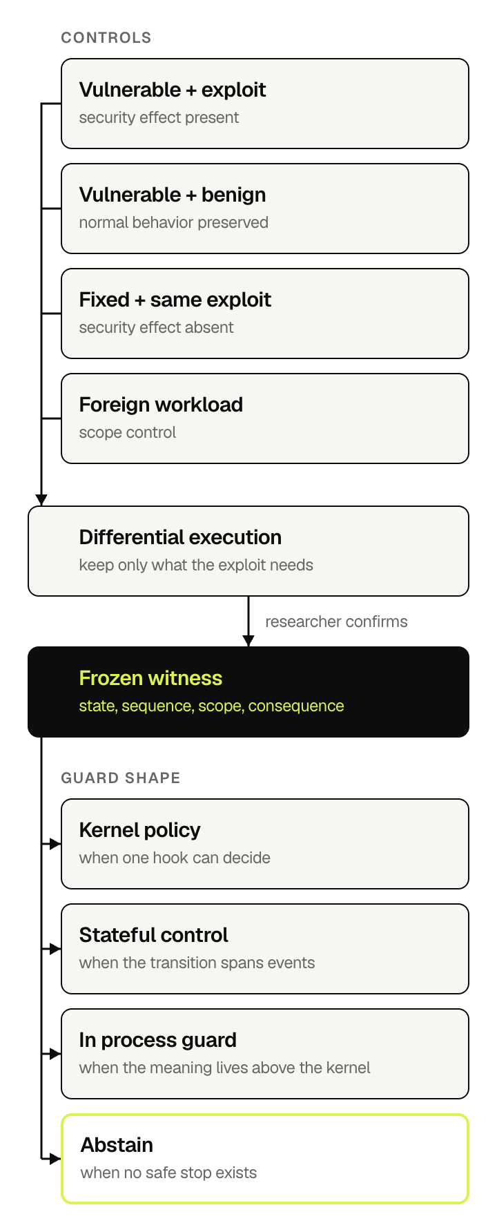 Four controlled runs feed differential execution, which produces a frozen witness after researcher confirmation. The witness compiles to one of four guard shapes: kernel policy, stateful control, in process guard, or abstain.