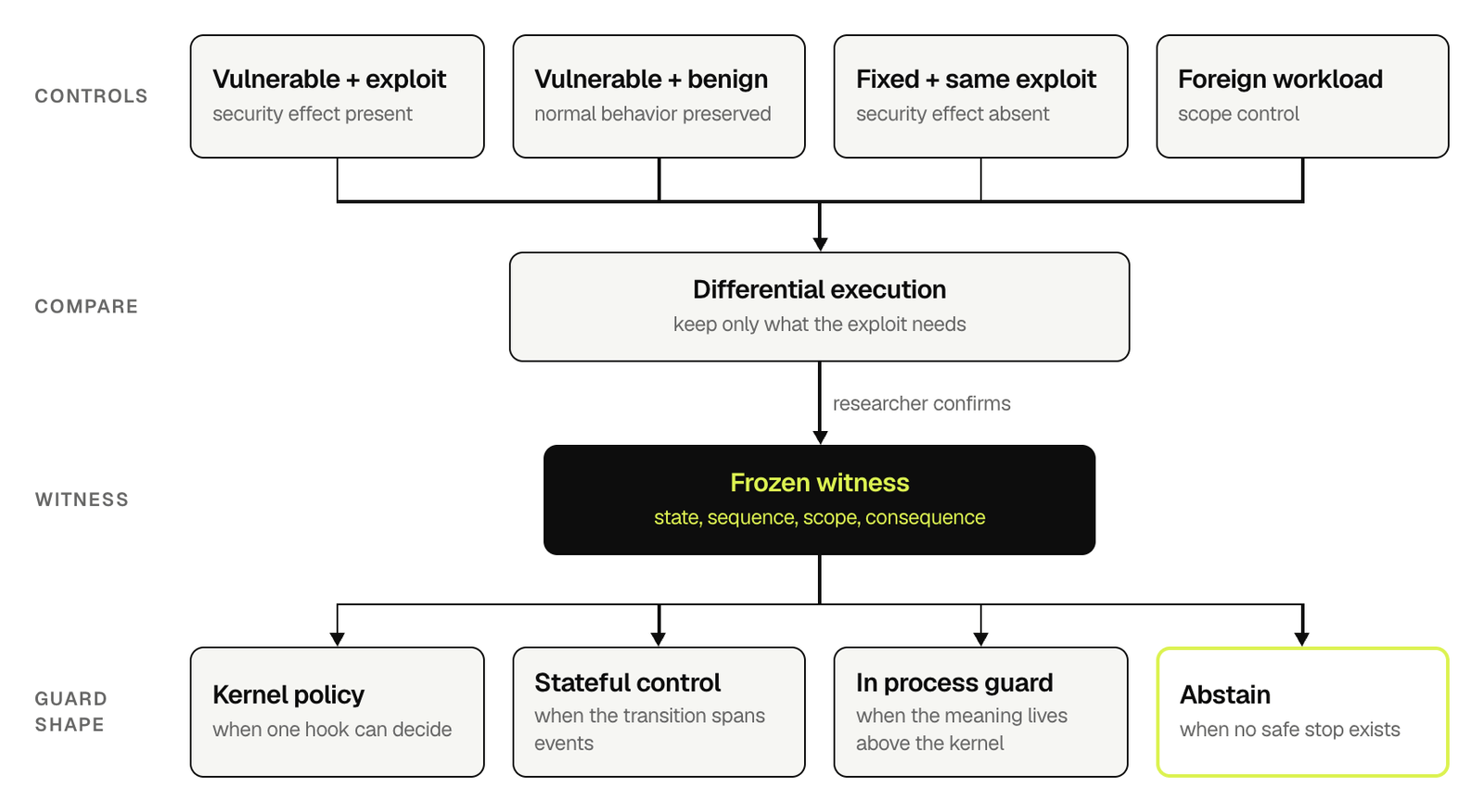 Four controlled runs feed differential execution, which produces a frozen witness after researcher confirmation. The witness compiles to one of four guard shapes: kernel policy, stateful control, in process guard, or abstain.