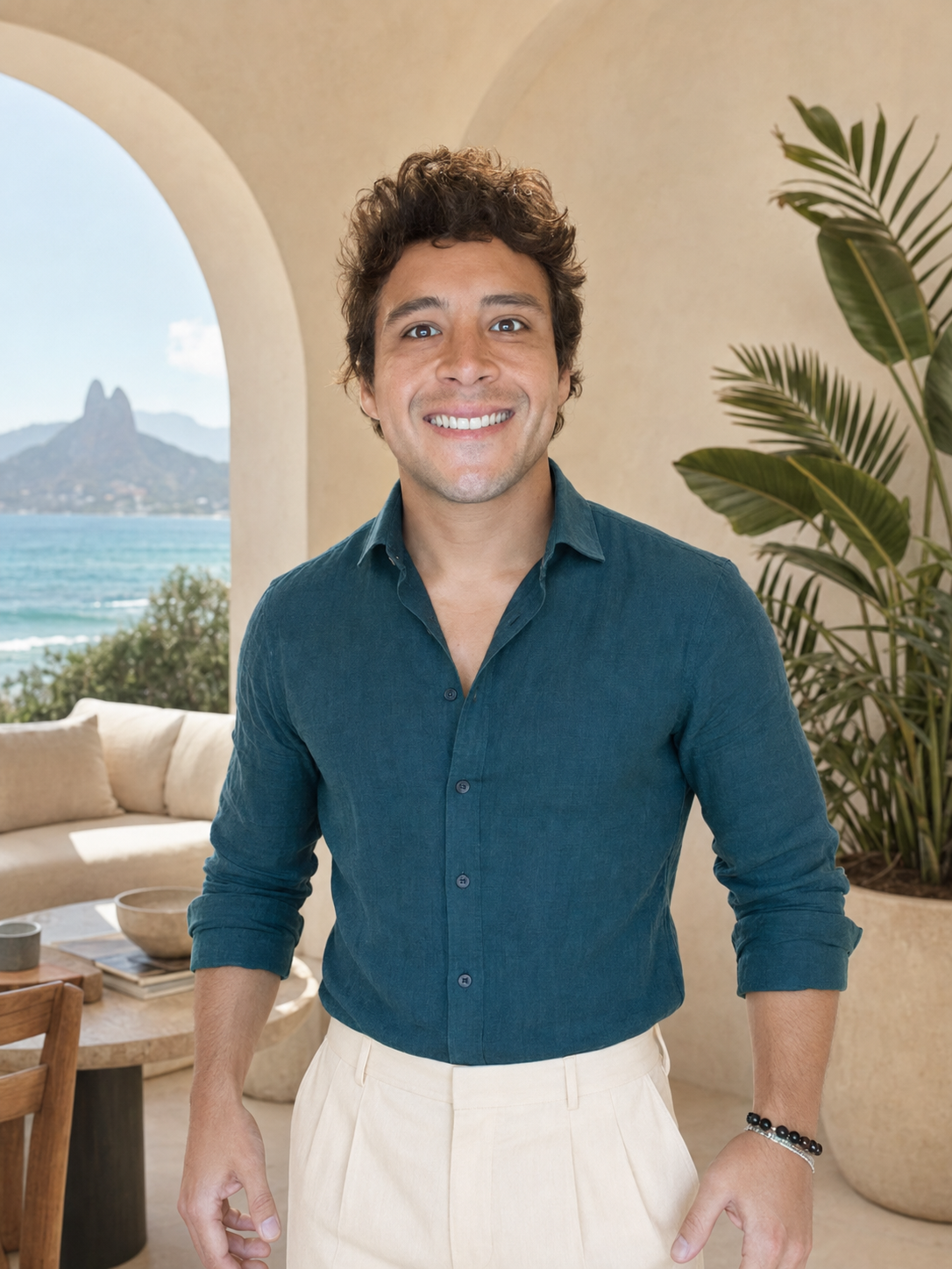 Dr. Andrés Zúñiga con camisa verde petróleo en un ambiente costero luminoso