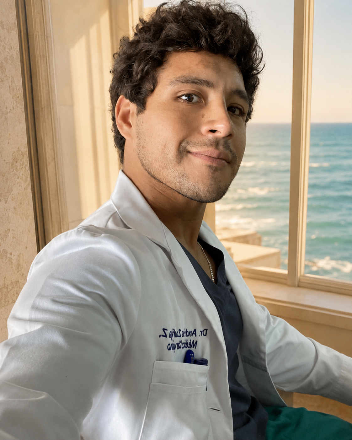 Dr. Andrés Zúñiga de perfil con bata médica frente a un ventanal costero iluminado por luz dorada
