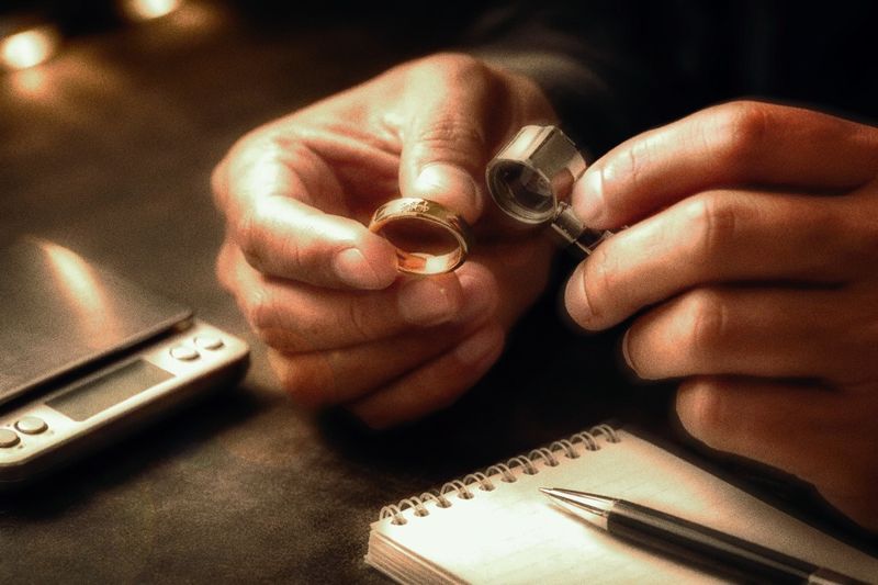 Jeweler examining a gold ring with a loupe