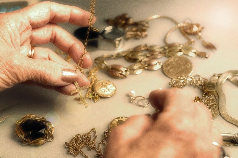 Hands sorting gold necklaces lockets and coins