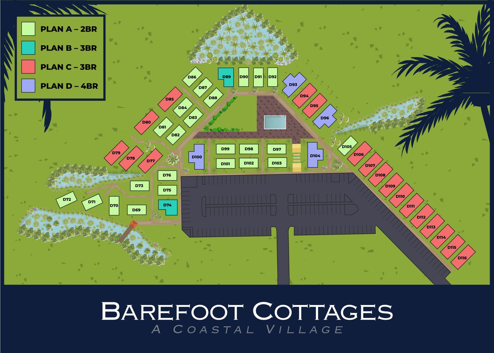 Site plan showing all 48 cottages at Barefoot Cottages, colour coded by floor plan