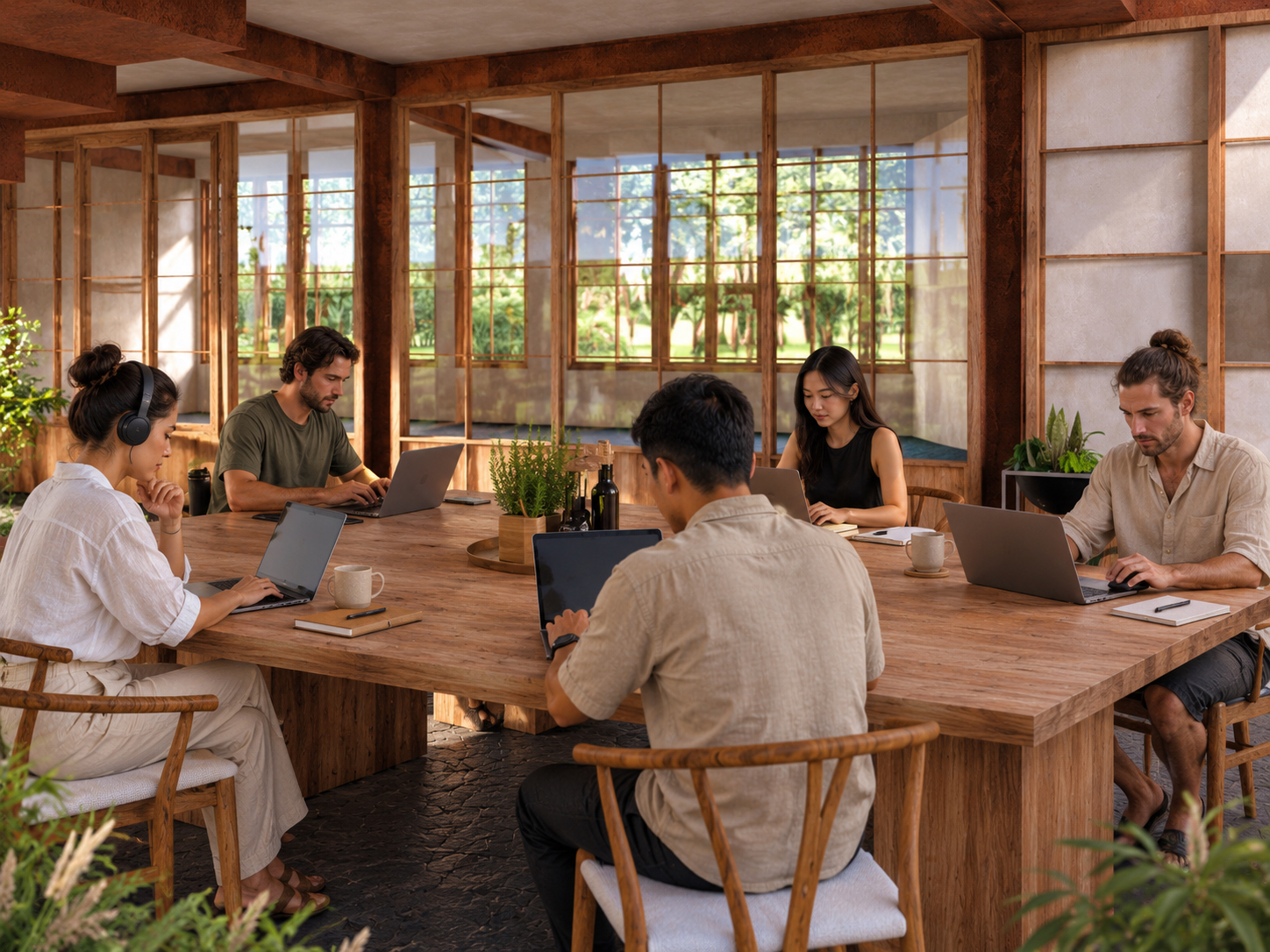 Concept visualization of people working independently around a shared table