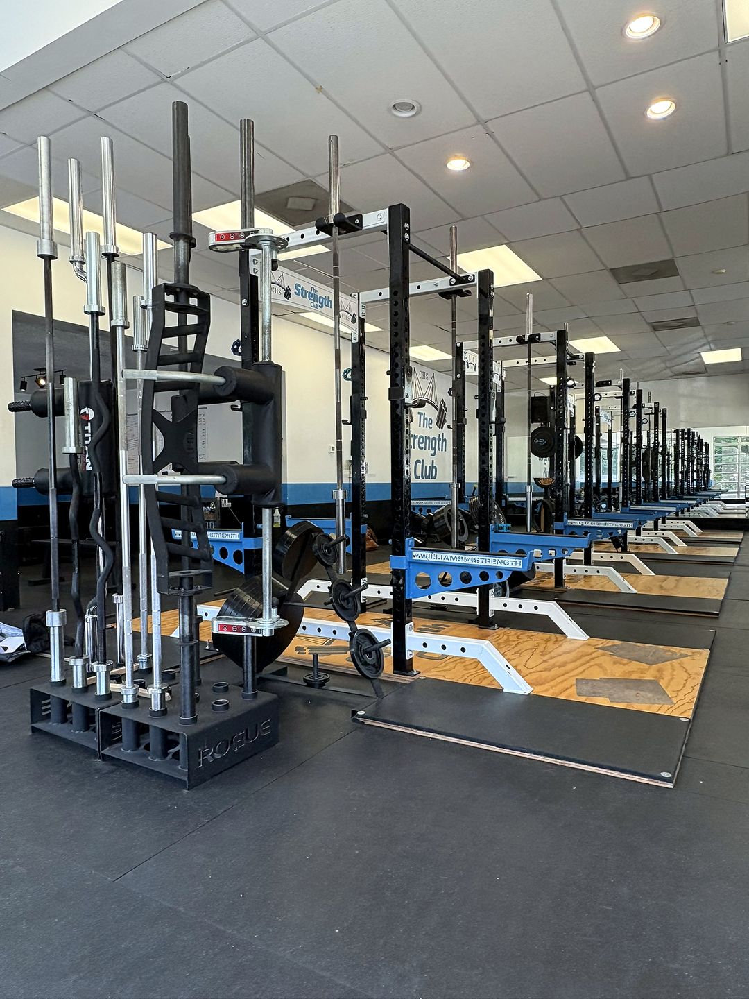 Row of squat racks with deadlift platforms at The Strength Club, a strength training gym in Charleston, SC