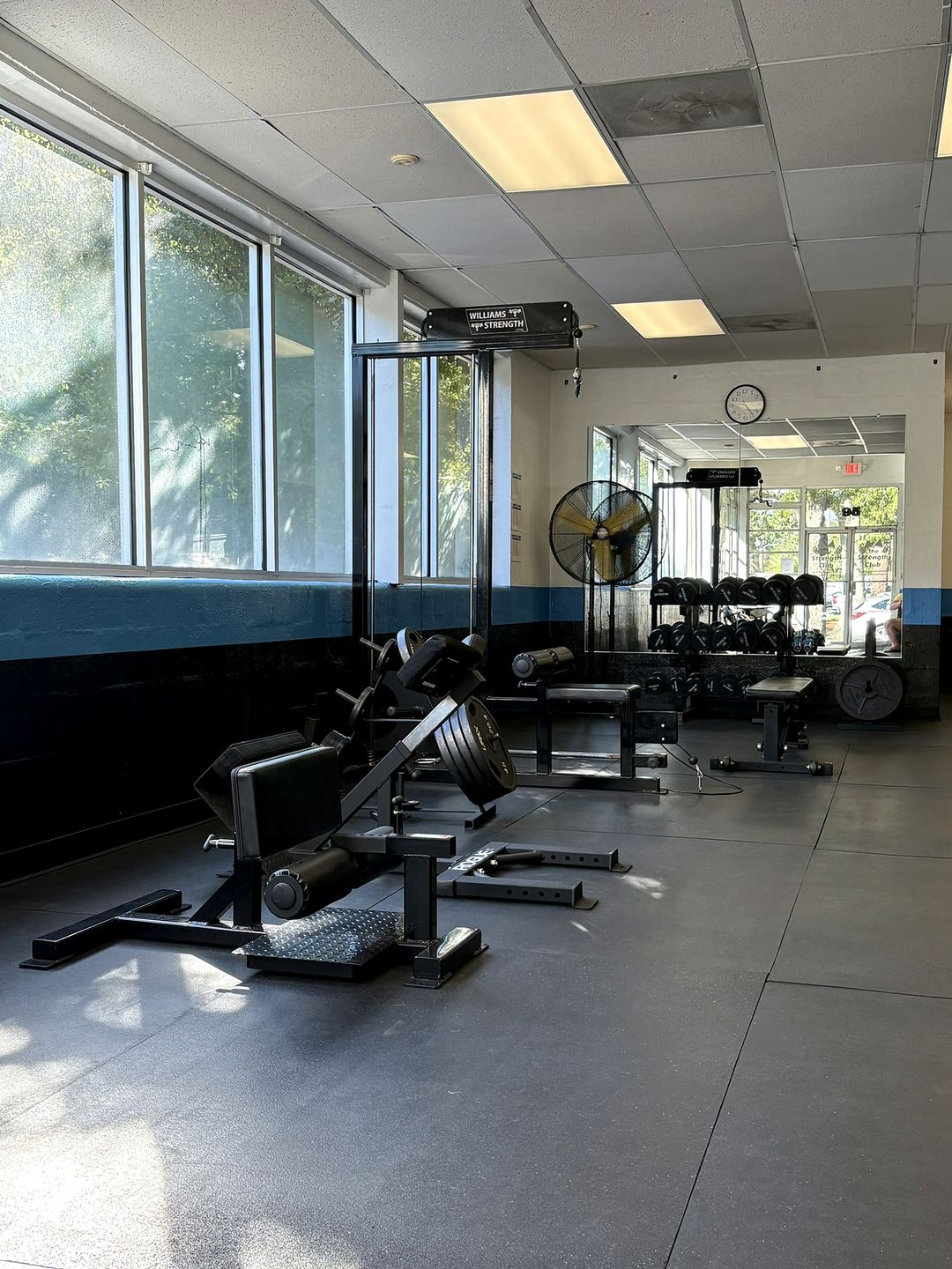 Dumbbell rack and accessory machines at The Strength Club strength training gym in Charleston