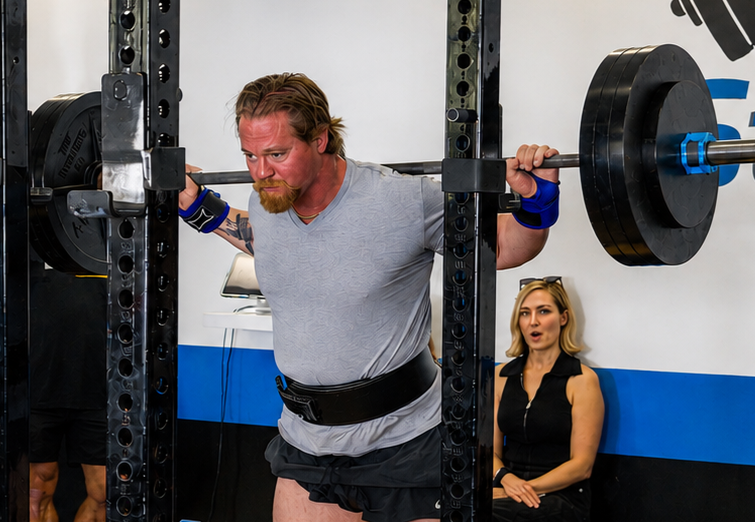A lifter squatting on the platform during the King of the Hill powerlifting meet at The Strength Club in Charleston, SC