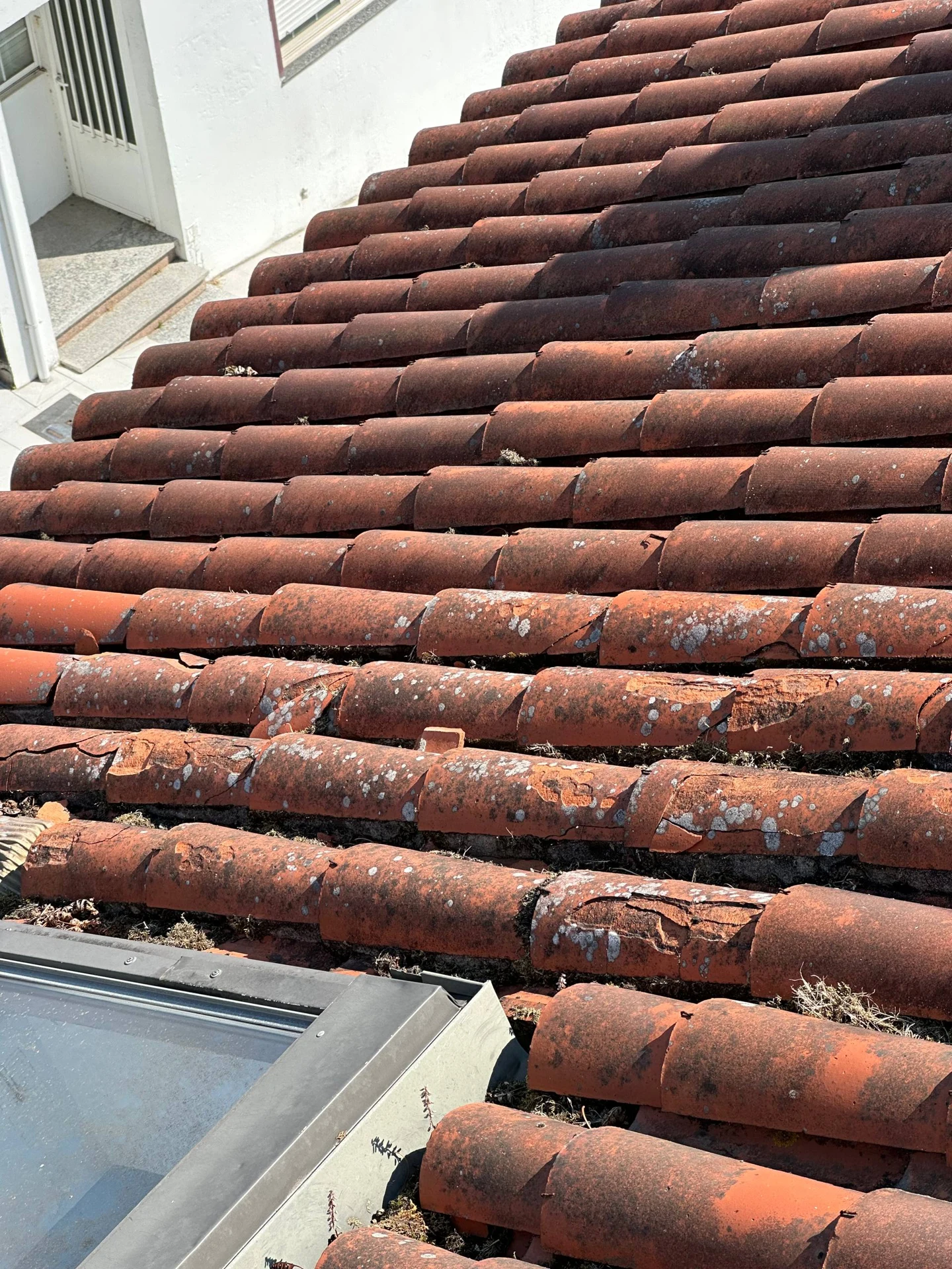Detalle de las tejas deterioradas y la suciedad antes de la reparación en Pontevedra