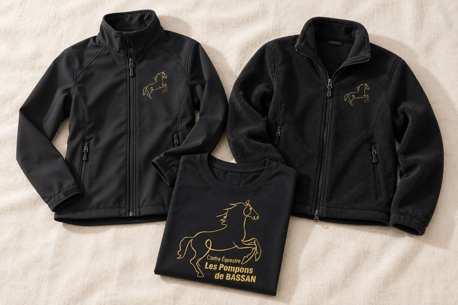 Visuel de présentation du pack technique : veste technique, polaire et tee-shirt noirs et dorés