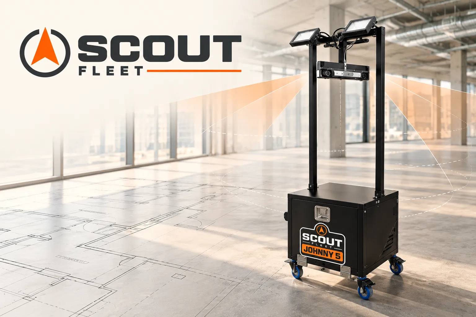 Scout Fleet logo with an AI-generated visualization of the JOHNNY5 jobsite camera unit and its field of view.
