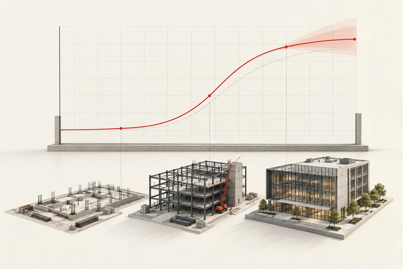 Conceptual illustration of a schedule S-curve above three stages of commercial construction