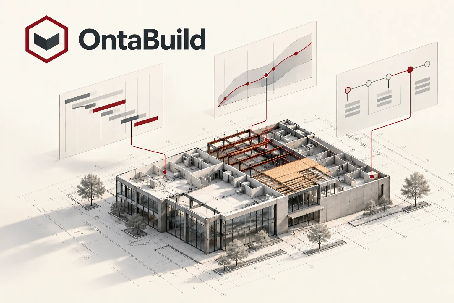 OntaBuild logo with an AI-generated conceptual illustration connecting a building model to project forecasts and decisions.