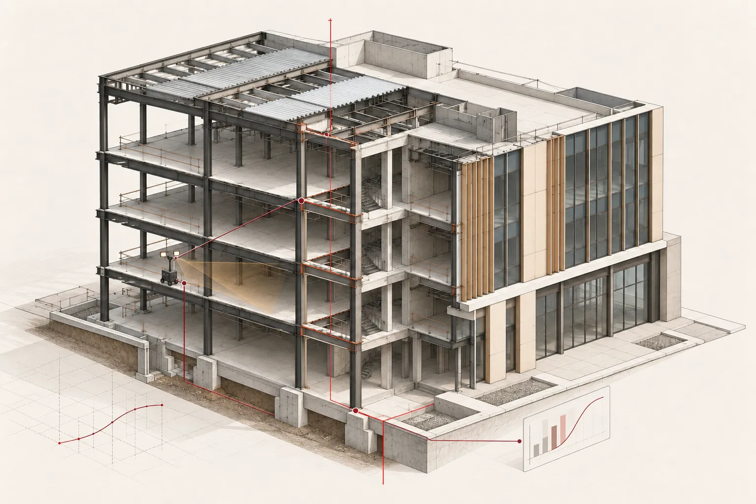 AI-generated architectural illustration of commercial construction integrating Scout Fleet field cameras, schedule forecasting, and connected project intelligence.