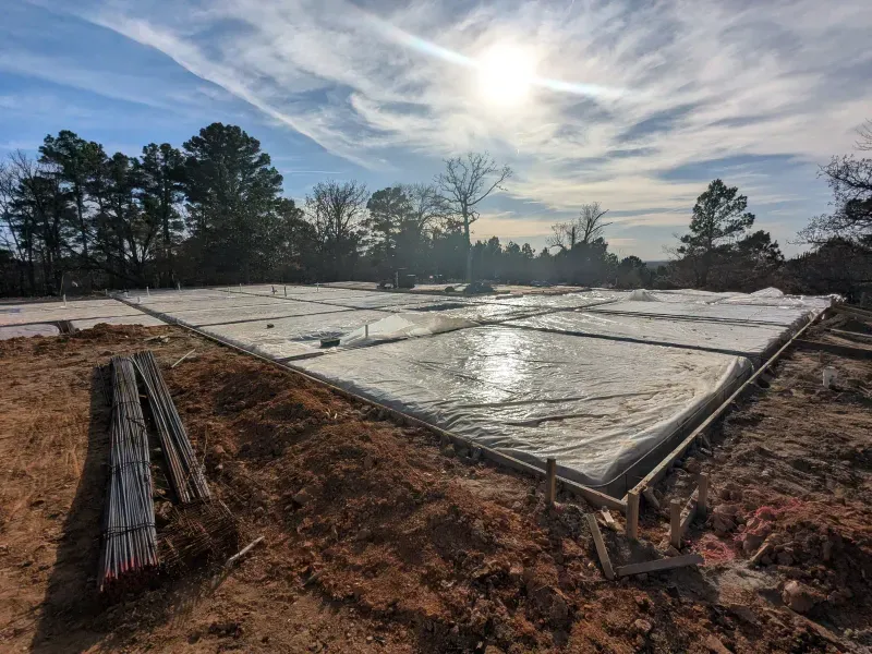 Rebar grid foundation preparation at commercial building site