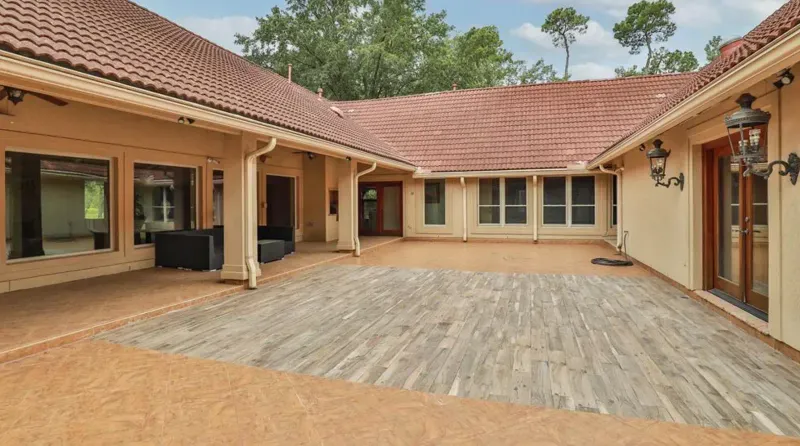 Mediterranean-style courtyard with tile roof and wood-look patio