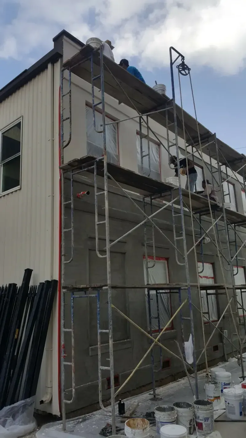 Commercial building exterior, ground level view