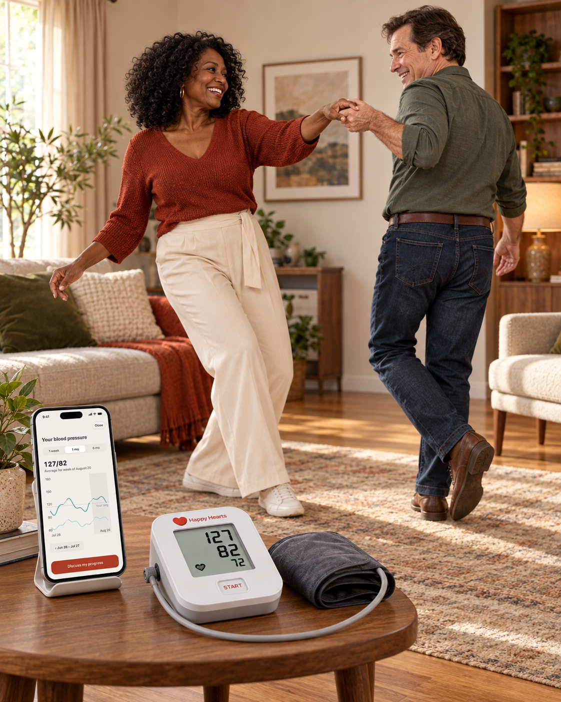 Two smiling adults dancing at home beside the Happy Hearts blood pressure monitor and app