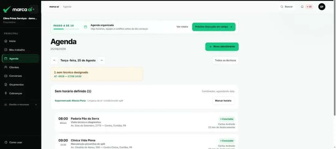 Tela do sistema marca aí com a agenda do dia
