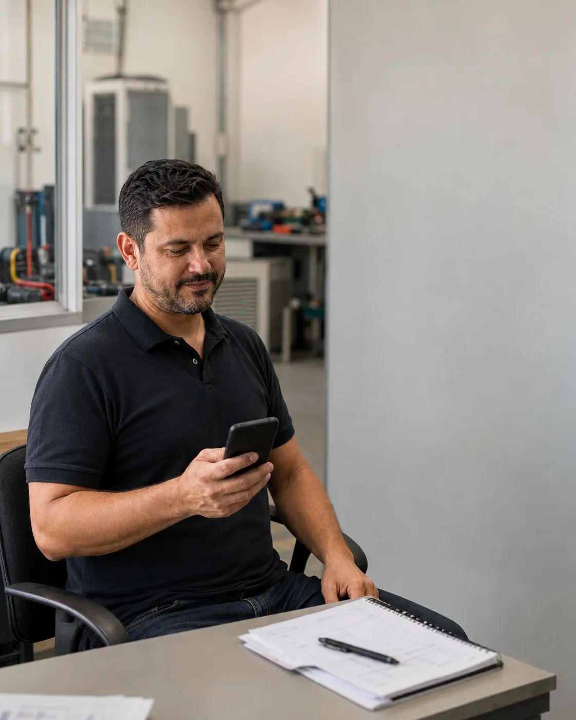 Gestor sentado conferindo o resumo do dia no celular