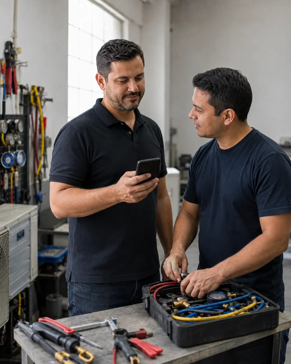 Gestor conferindo a operação no celular ao lado do profissional