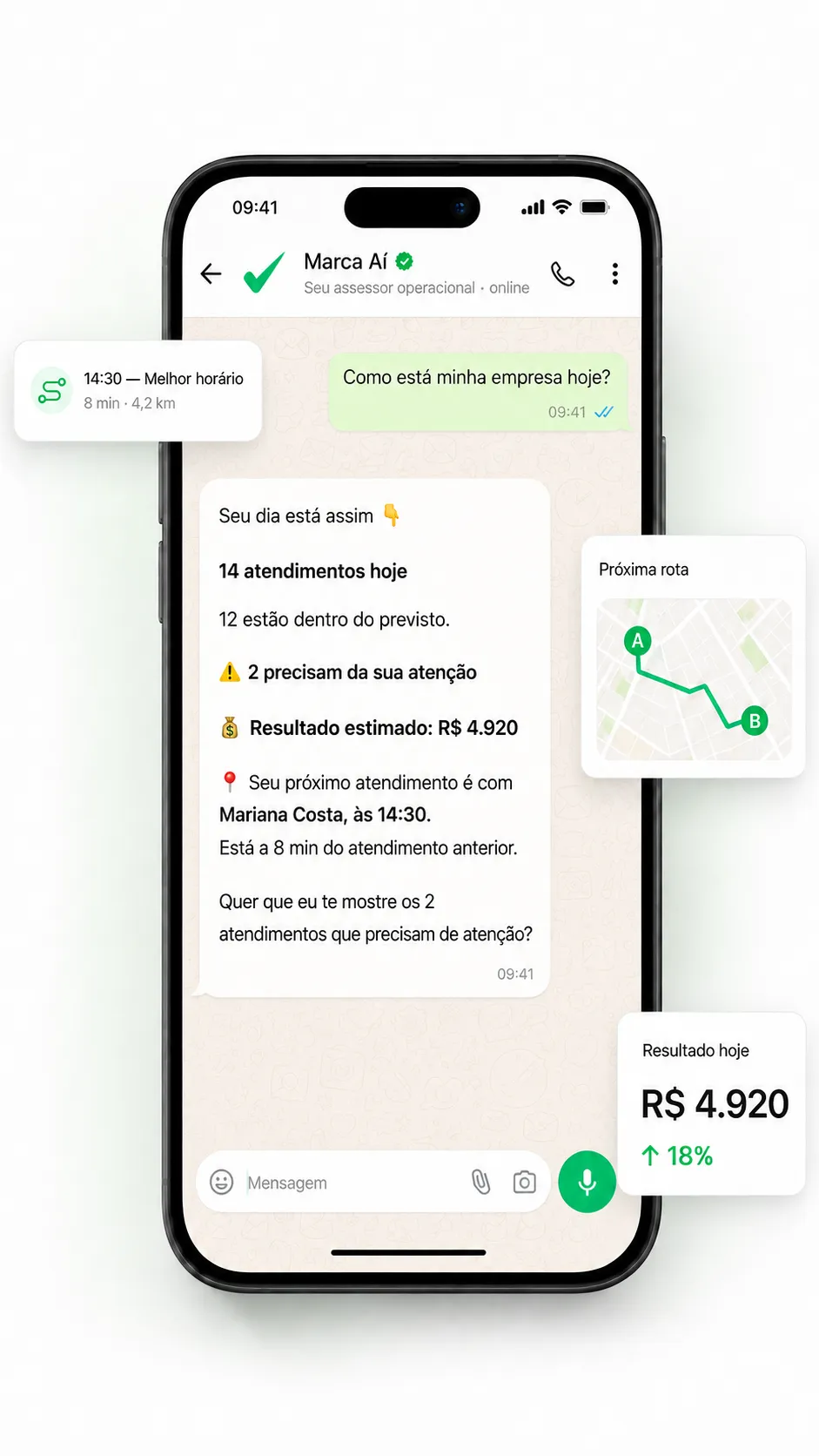 Conversa no WhatsApp com o assessor do marca ai mostrando o resumo do dia