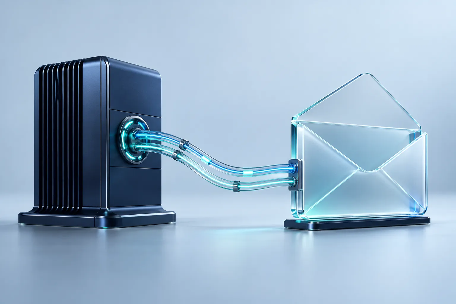 An elegant navy communications terminal linked to an open glass message envelope