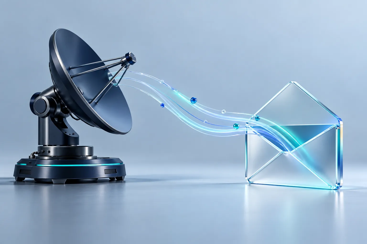 An elegant navy communications terminal linked to an open glass message envelope