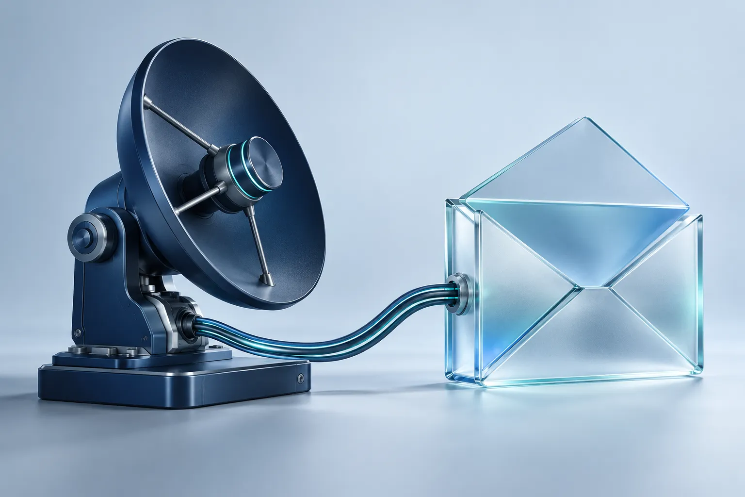 An elegant navy communications terminal linked to an open glass message envelope