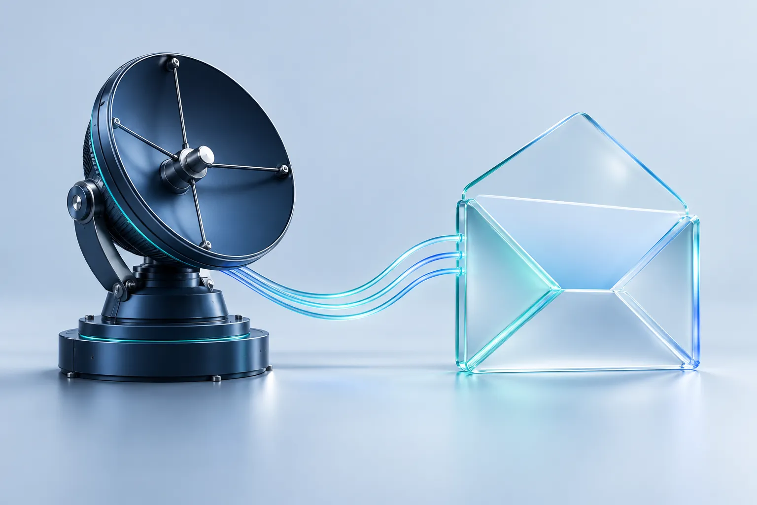An elegant navy communications terminal linked to an open glass message envelope