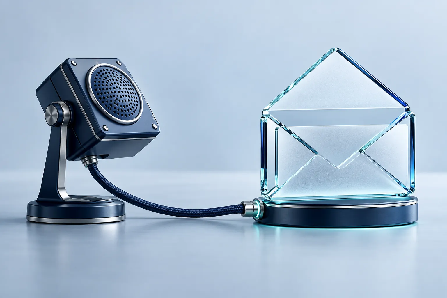 An elegant navy communications terminal linked to an open glass message envelope