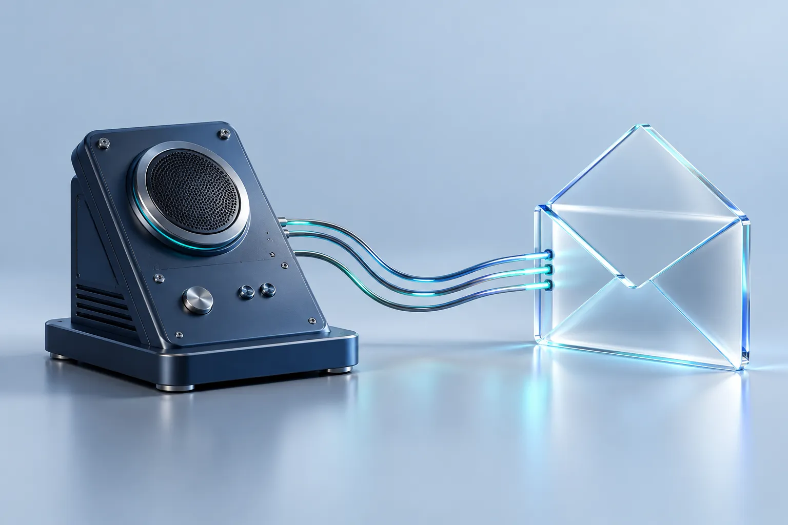 An elegant navy communications terminal linked to an open glass message envelope