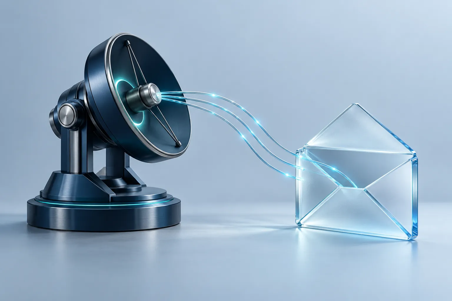 An elegant navy communications terminal linked to an open glass message envelope