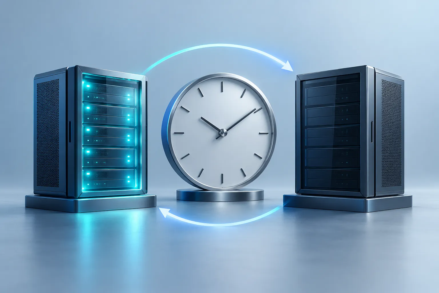 Two server modules, one illuminated and one dark, beside a clock
