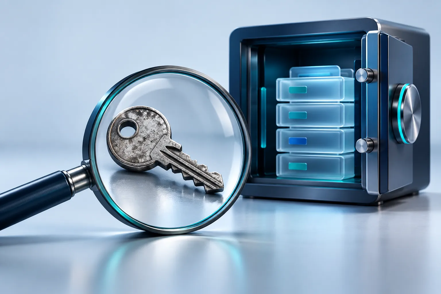 An old generic key inspected under a precision magnifying lens beside a secure credential vault
