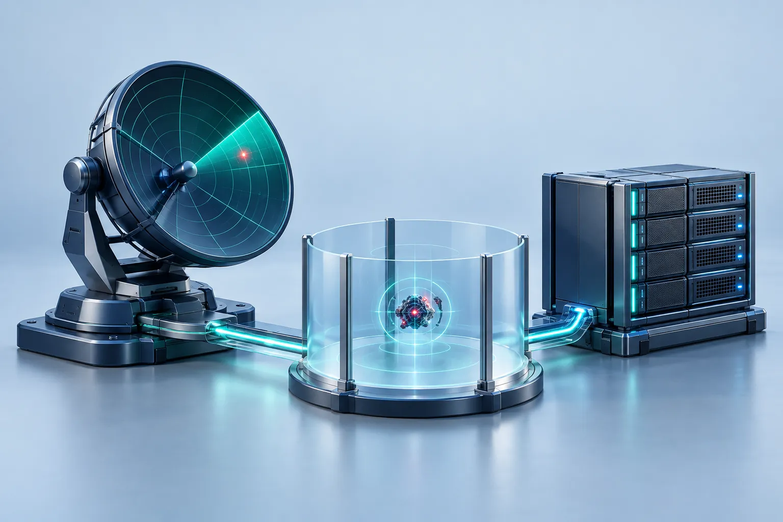 A precision radar instrument detecting a small anomaly, connected to a containment boundary and a repaired modular server