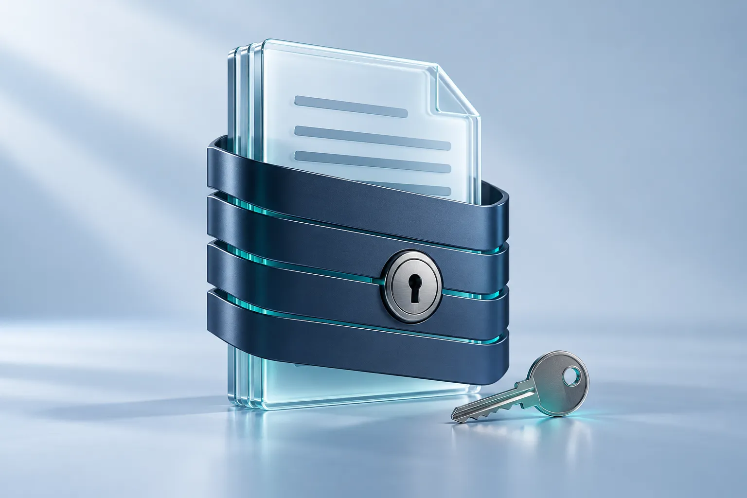 A glass document protected behind a layered privacy shutter with a small physical key