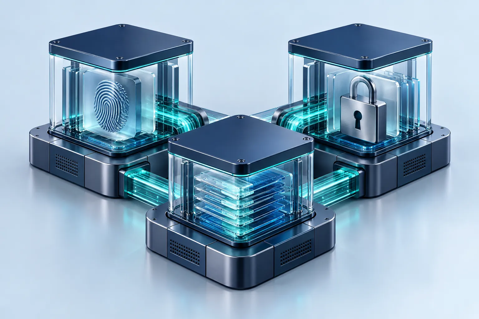 Three interlocking navy infrastructure modules forming one coherent system, with teal channels connecting them