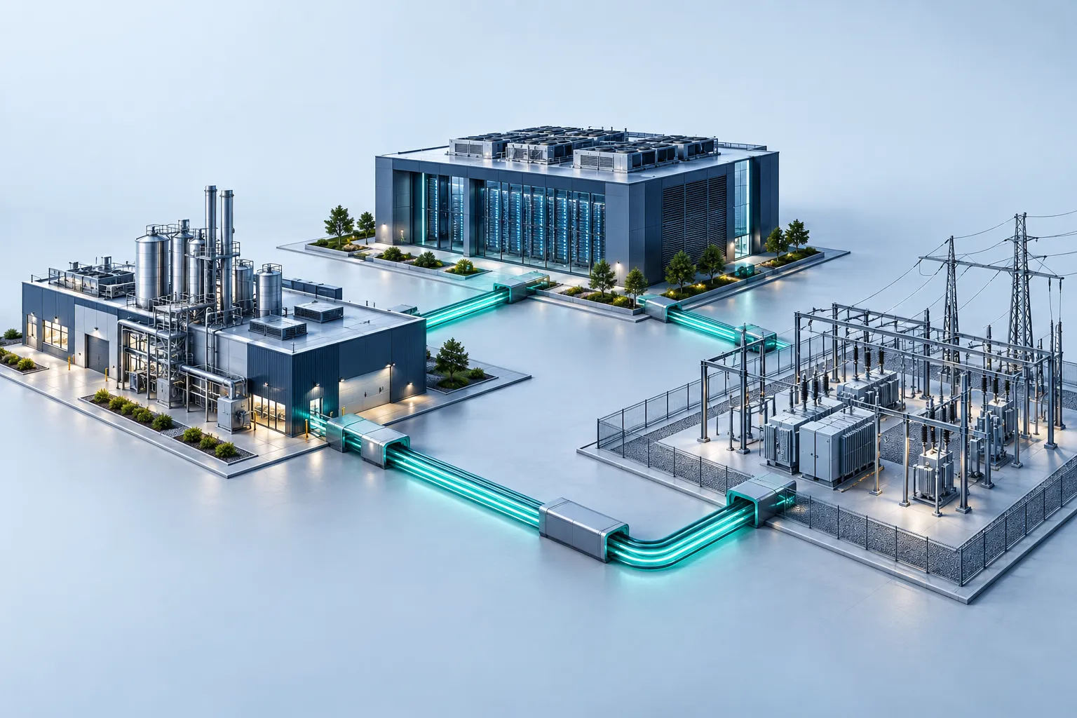 A compact industrial facility, a commercial data center and a utility substation connected by protected teal paths