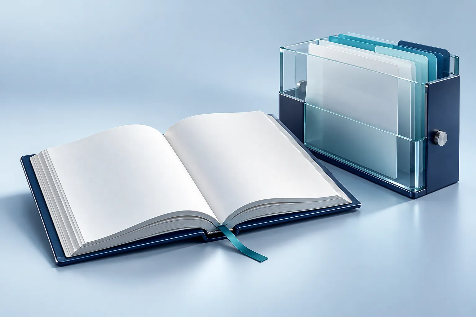 A refined open technical journal with blank pale pages beside a glass archival document folder