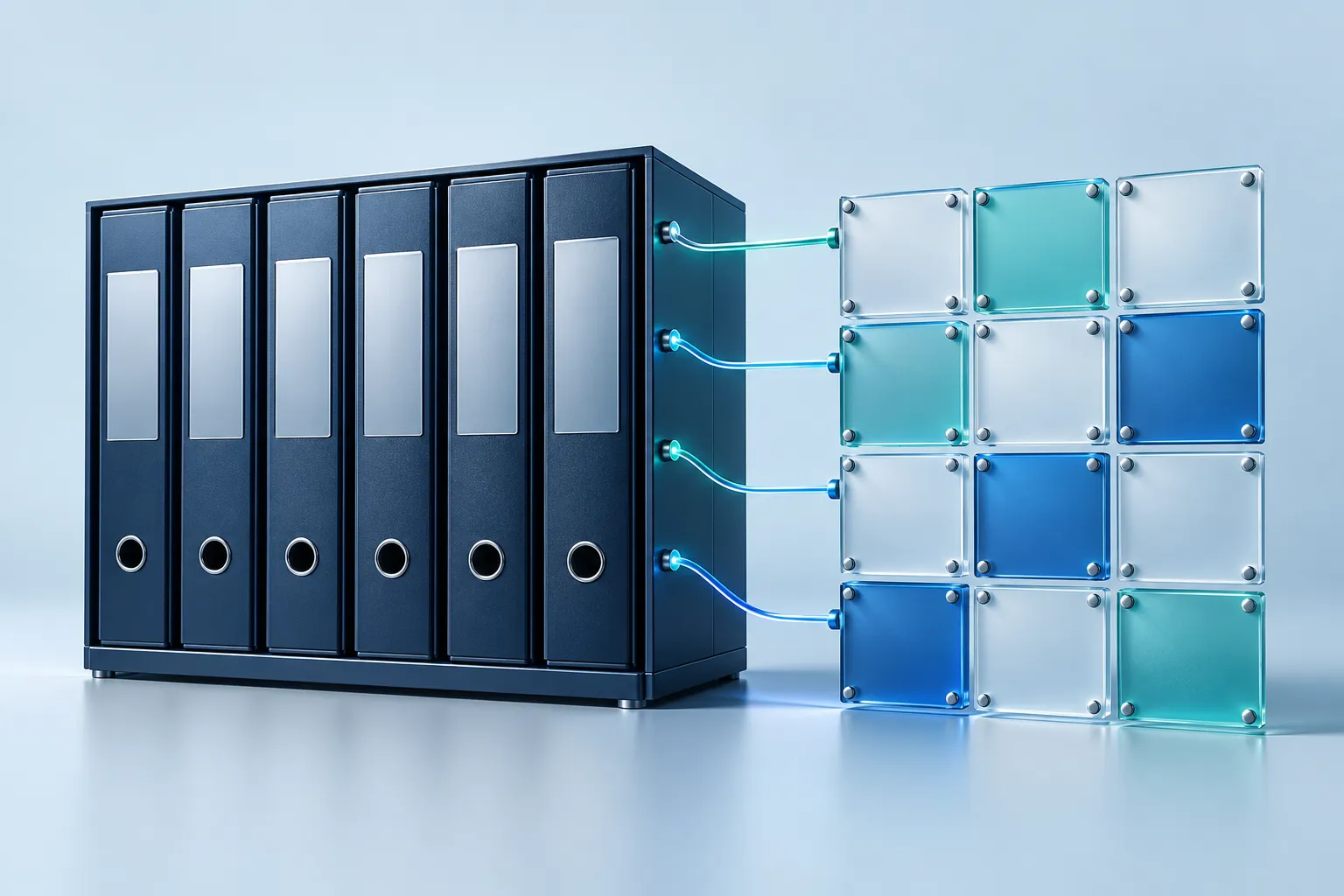 A structured archive of distinct technical binders linked to a precisely aligned grid of glass control tiles