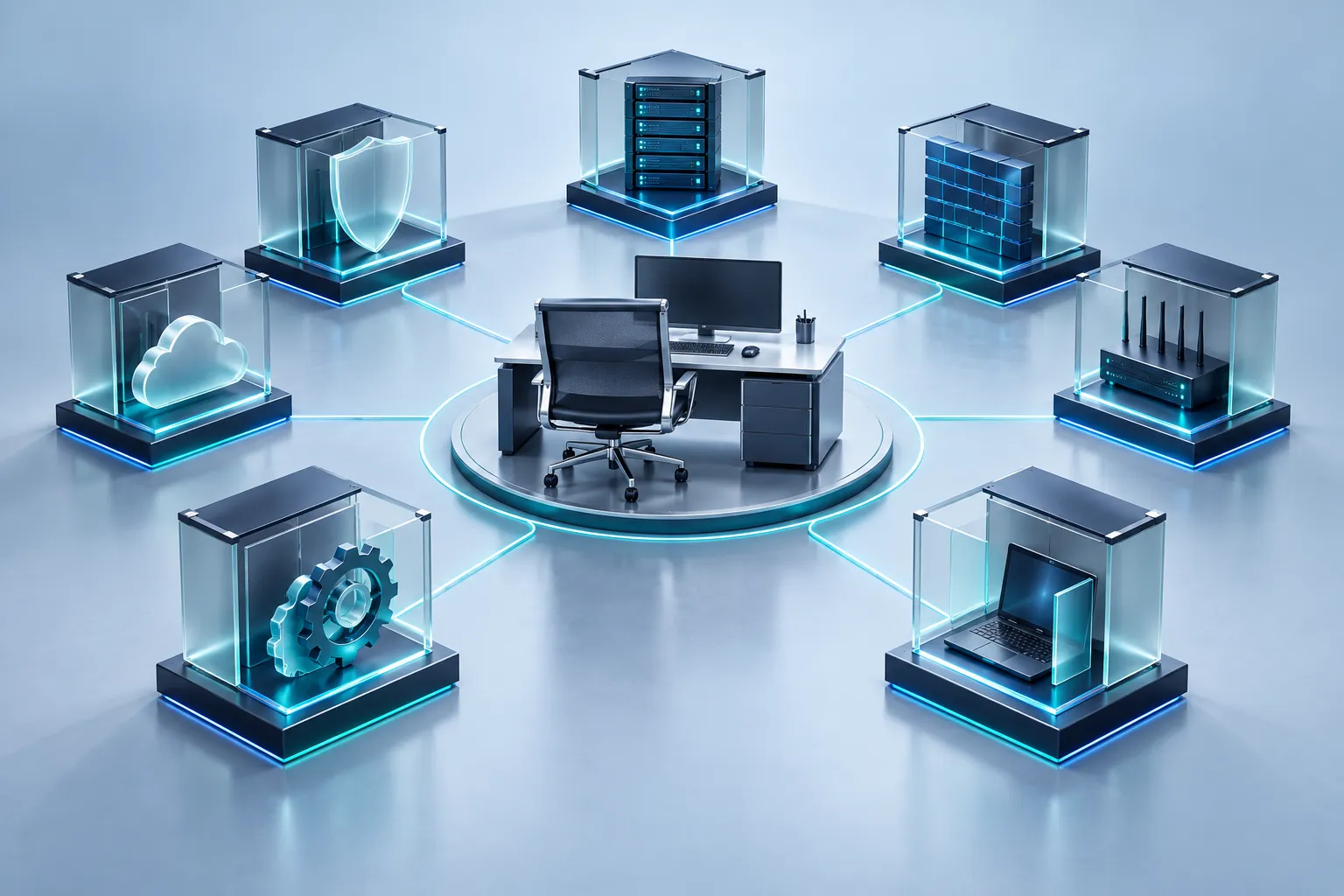 Eight distinct small protective infrastructure modules arranged around a central workstation