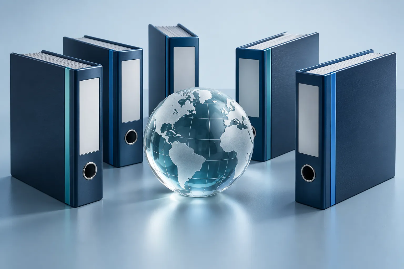 Several blank technical standards binders arranged around a small glass globe