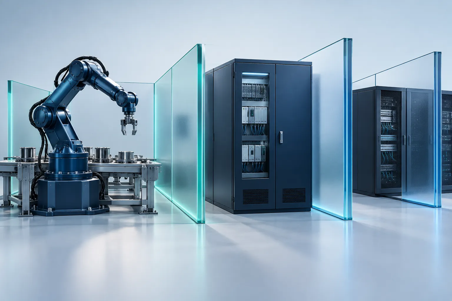 Industrial control zones represented by a robotic production arm, a control cabinet and distinct glass network partitions