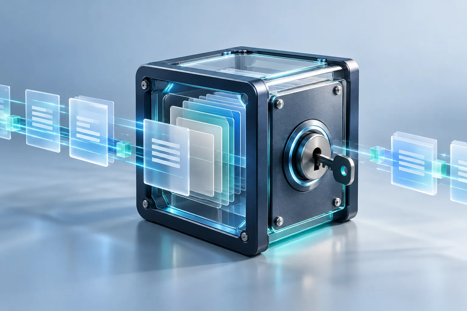 A protected data container with an access key and a transparent record of controlled data movement