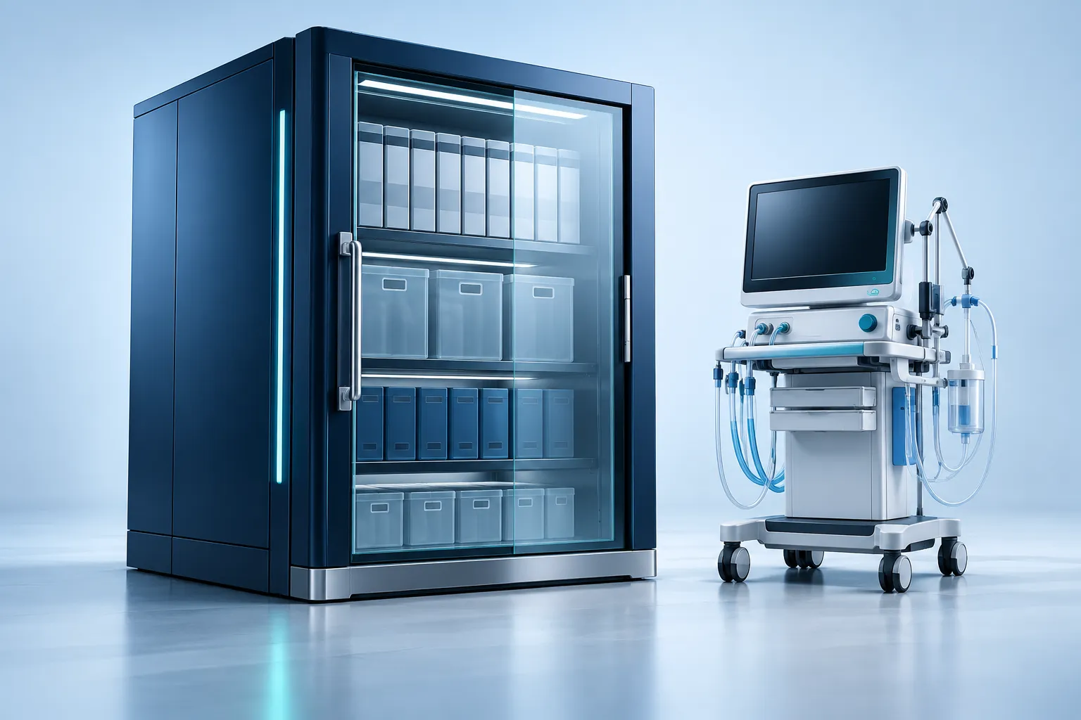 A secure medical-record archive beside a clinical monitoring instrument
